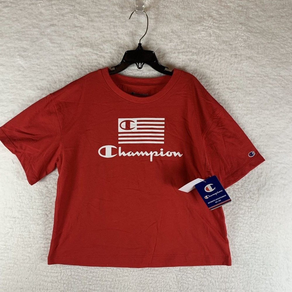 Champion T-Shirt Girls Large Red Flag Boxy Graphic Crew Neck‎ Pullover 6994